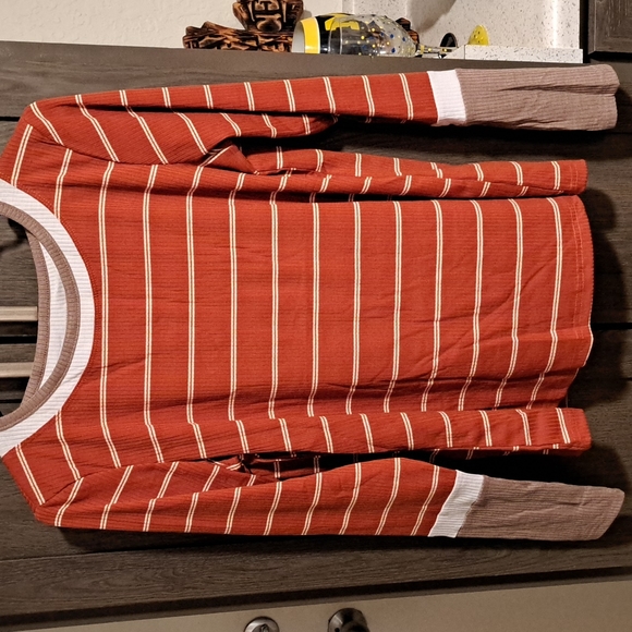 New Brown Extend Color Block Cuffs Rib Knit Striped Pullover - Picture 15 of 16